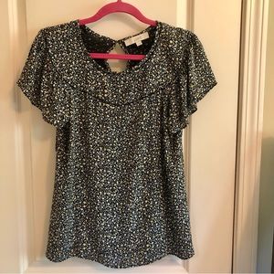 LOFT Navy Floral Flutter Short-Sleeve Top - S